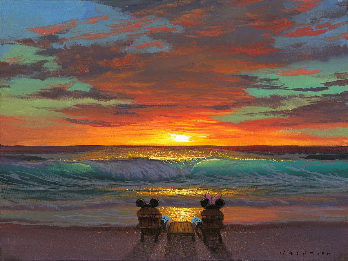 Sharing a Sunset Sun by Walfrido Garcia. Mickey and Minnie sitting at the beach watching the sunset.