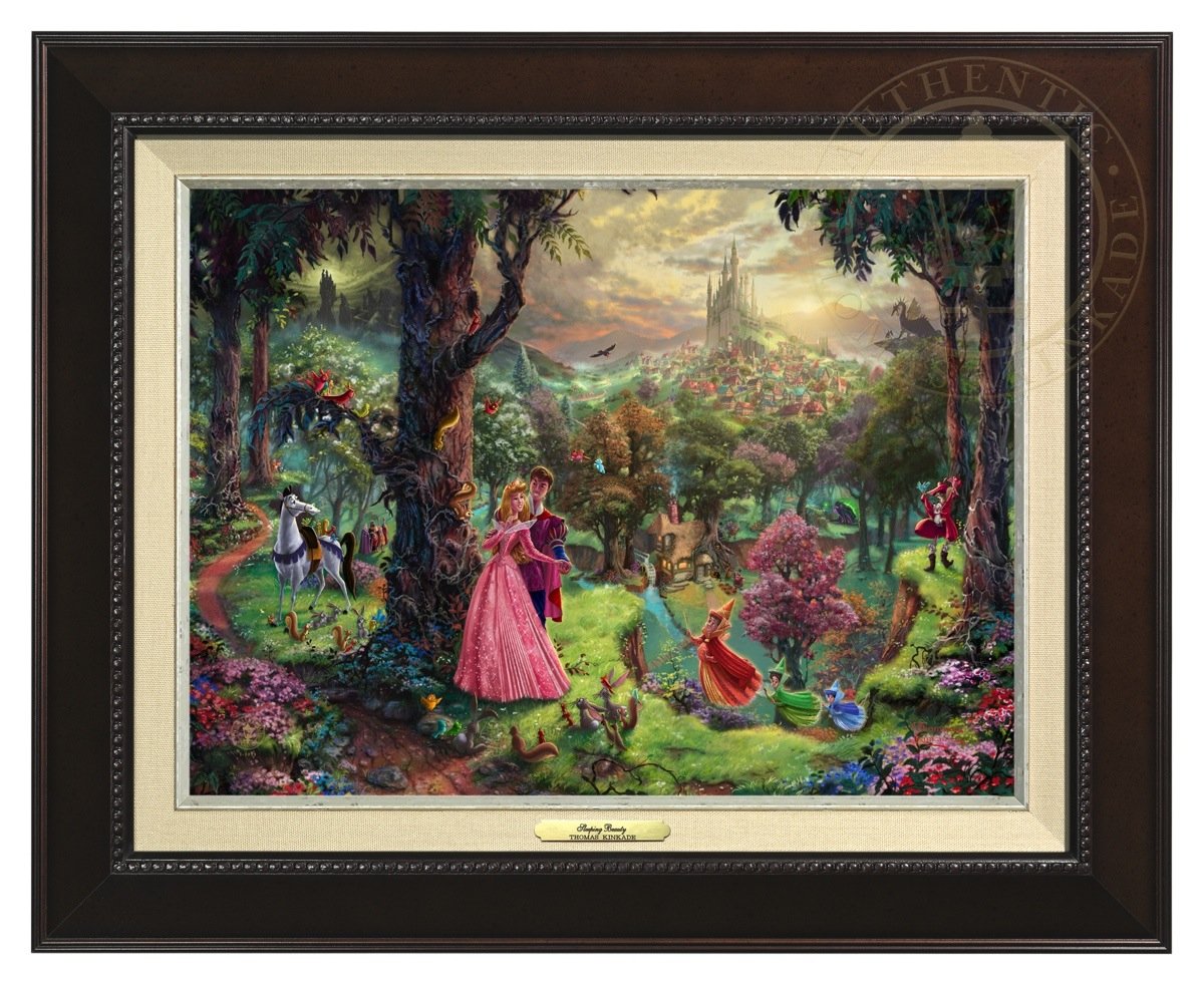 Princess Aurora and Prince Phillip, are surrounded by their friends from the forest and the three good fairies, Flora, Fauna, and Merryweather - Espresso Frame