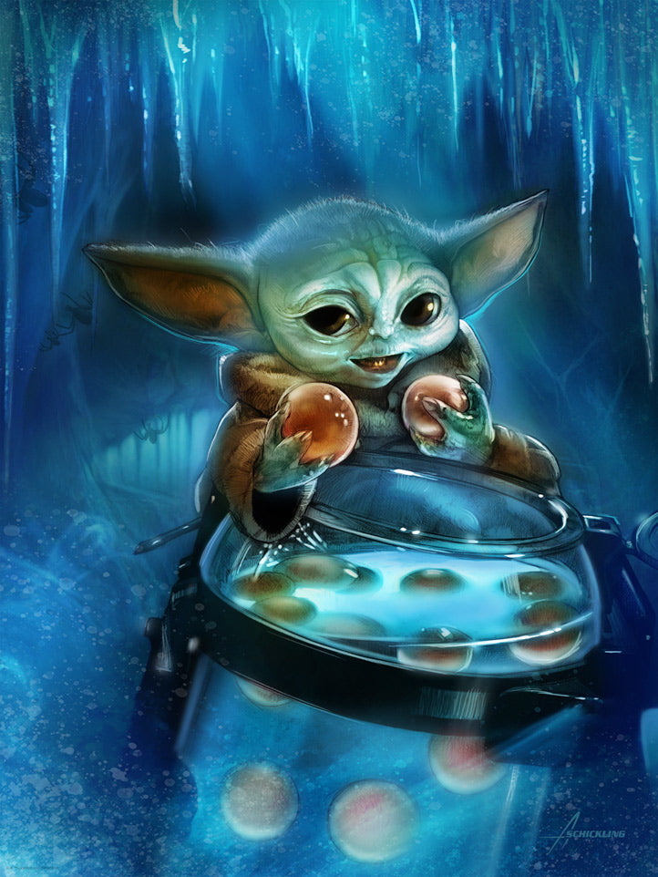 Snack Attack by Adam Schickling. Grogu the Child, holding two of the Frog Lady&