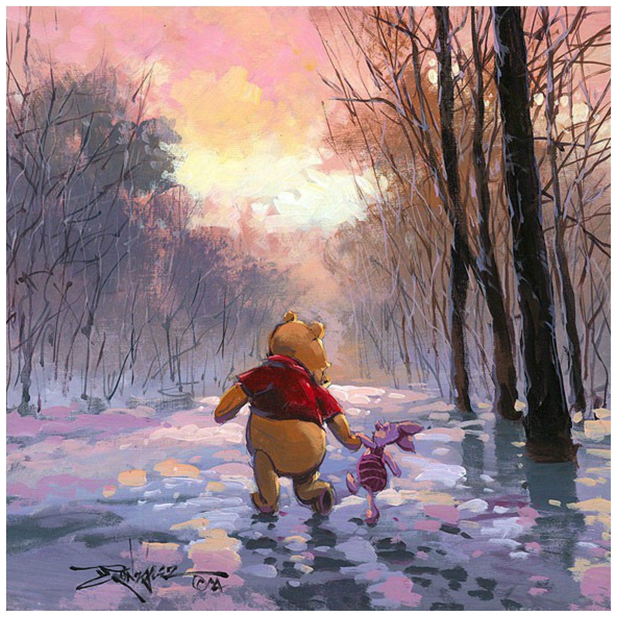 Snowy Path by Rodel Gonzalez. Winnie the Pooh and his friend Piglet take a winter day stroll through a snowy path - closeup