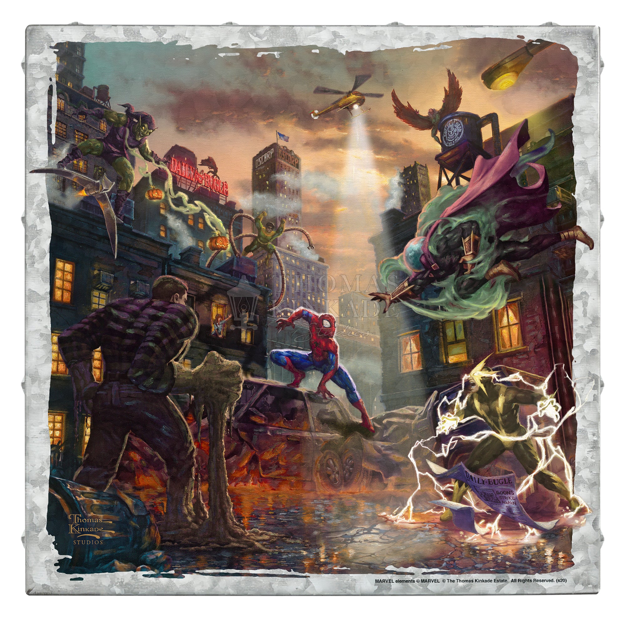 Spider-Man vs. the Sinister Six By Art Brand Studios Today the Sinister Six have chosen to tangle with Spider-Man, and as the sun sets over New York City, - Metal Box Art