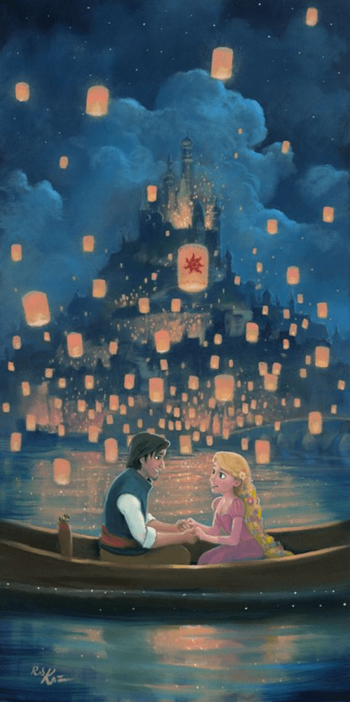 Star Crossed Love by Rob Kaz. Rapunzel and Flint are surrounded by the floating lanterns lighting the night sky, as they hold hands and fall in love.
