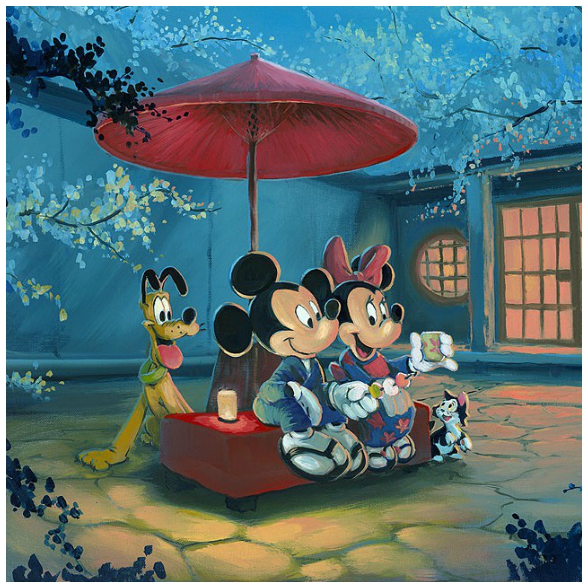 Summer Night by Rob Kaz. Mickey and Minnie sitting in a Japanese garden by the light of the full moon, dressed in Kimono and Monsuke enjoying a summer night with Pluto and Cleo- closeup