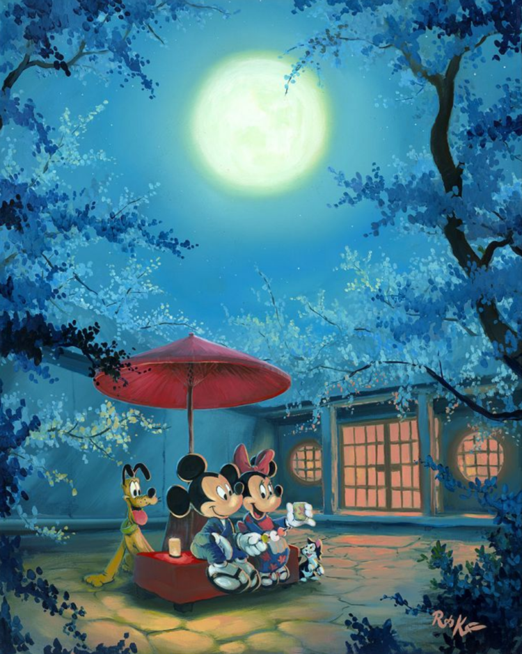 Summer Night by Rob Kaz. Mickey and Minnie sitting in a Japanese garden by the light of the full moon, dressed in Kimono and Monsuke enjoying a summer night with Pluto and Cleo.