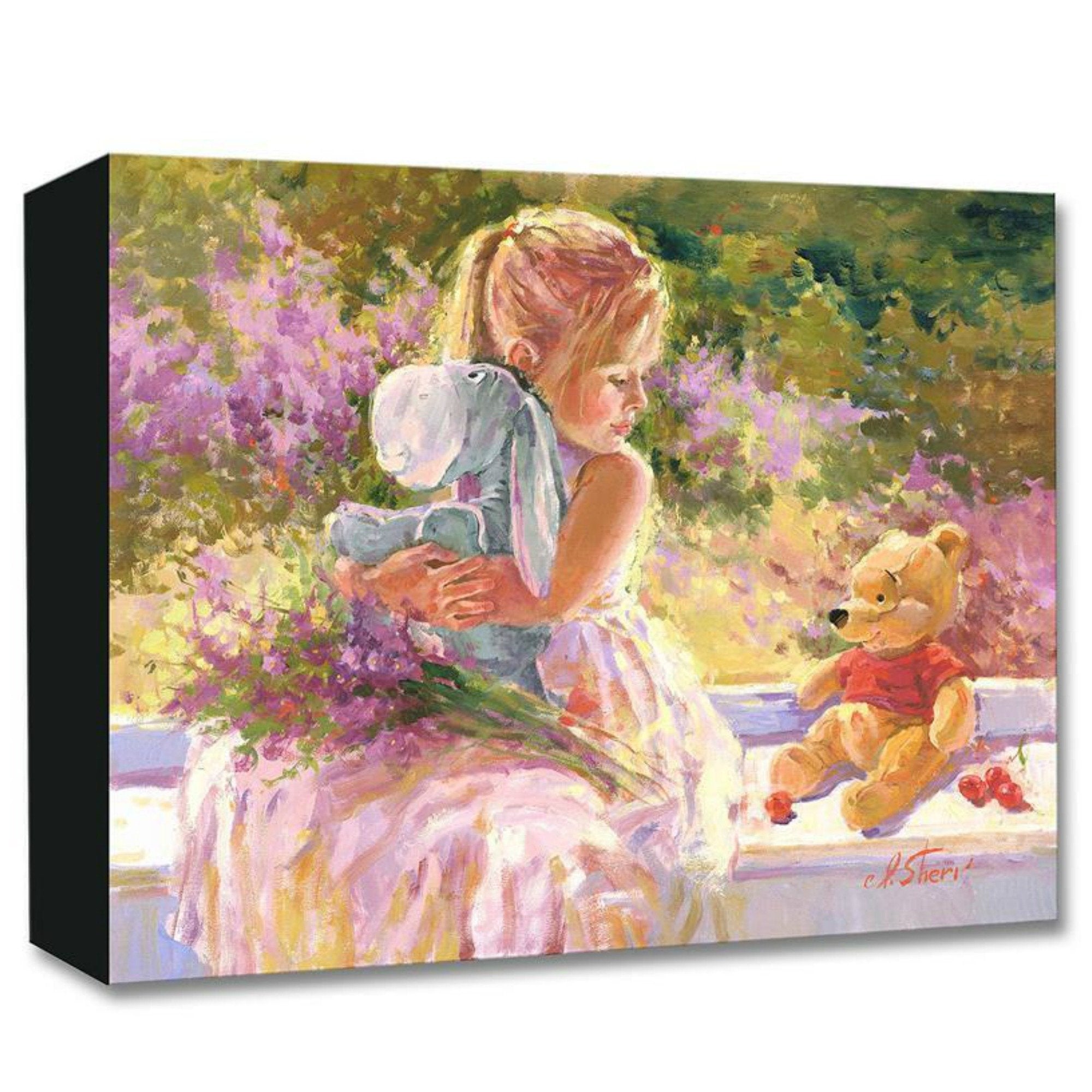 Sunny Window by Irene Sheri Little girl sits on a bench holding her favorite stuff animal Eeyore, Winnie the Pooh sits next to her.