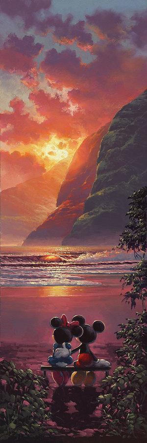 Sunset Romance by Rodel Gonzalez. Mickey and Minnie sitting on a bench, enjoying a romantic sunset at the beach.