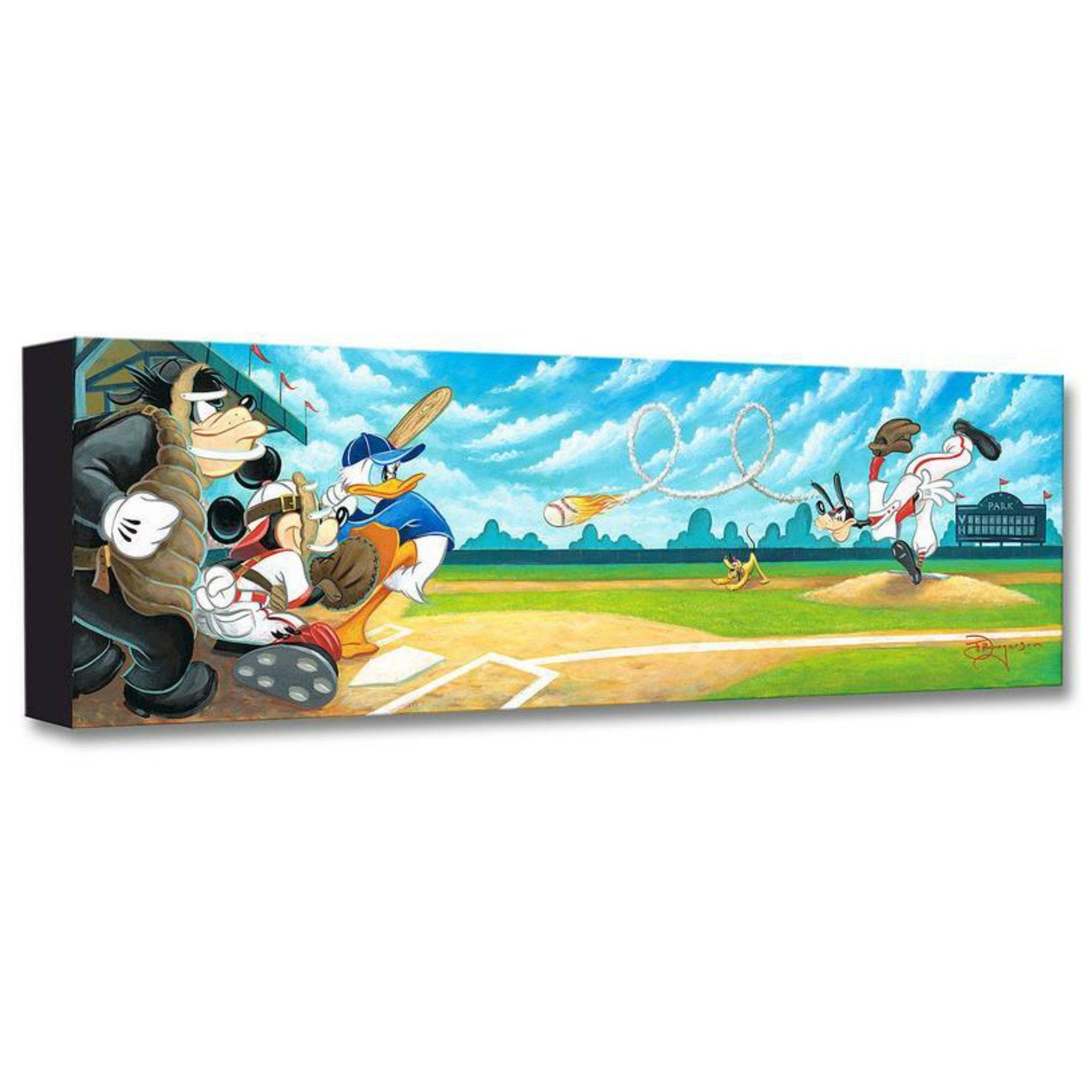 Swing for the Fences by Tim Rogerson  A day at the baseball field, Goofy pitches Donald a swirly ball, with Mickey as the catcher ready to catch if Donald strikes out.