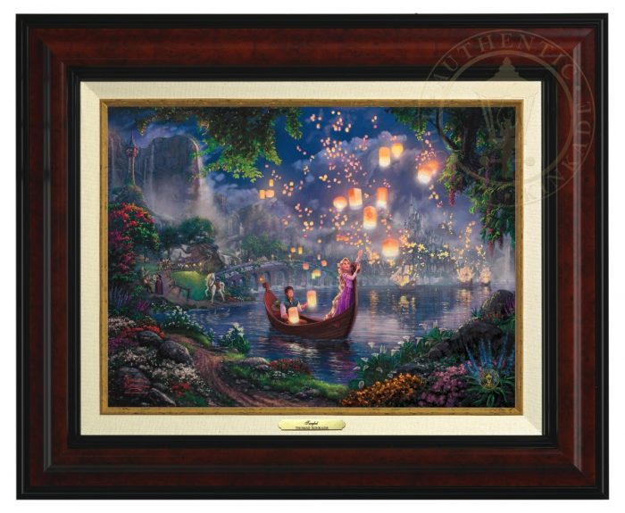 Tangled by Thomas Kinkade  The new found love of Rapunzel and Flynn as they boat together on her 18th birthday- - Burl Frame
