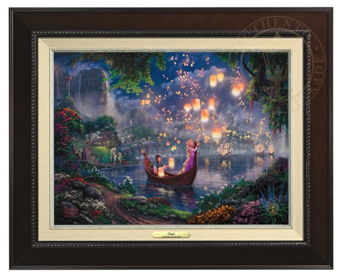 Tangled by Thomas Kinkade  The new found love of Rapunzel and Flynn as they boat together on her 18th birthday- Espresso Frame