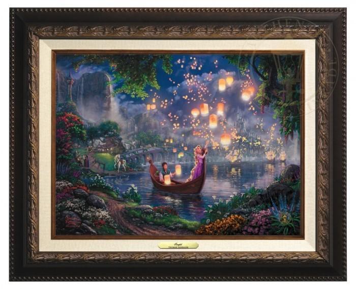 Tangled by Thomas Kinkade  The new found love of Rapunzel and Flynn as they boat together on her 18th birthday - Aged Bronze Frame