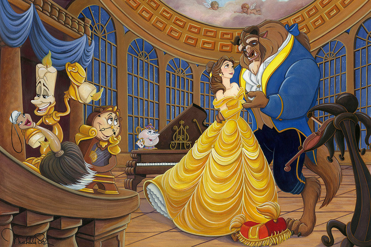 Belle and the Beast enjoy a formal dance as the enchanted castle characters gather around.