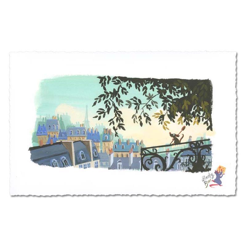 The Flavor of Paris by Lorelay Bove. Remy the rat looks over the cities roof tops, from the balcony.