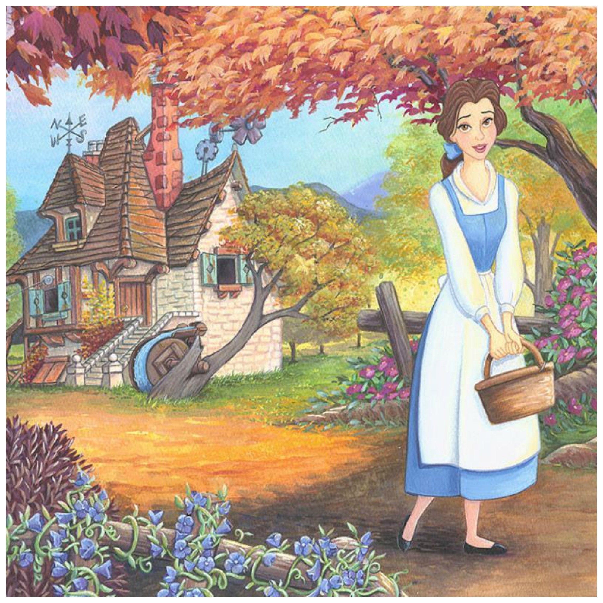 The Flowery Path by Michelle St. Laurent.  Belle strolls through flowery path near the village, holding her basket - closeup