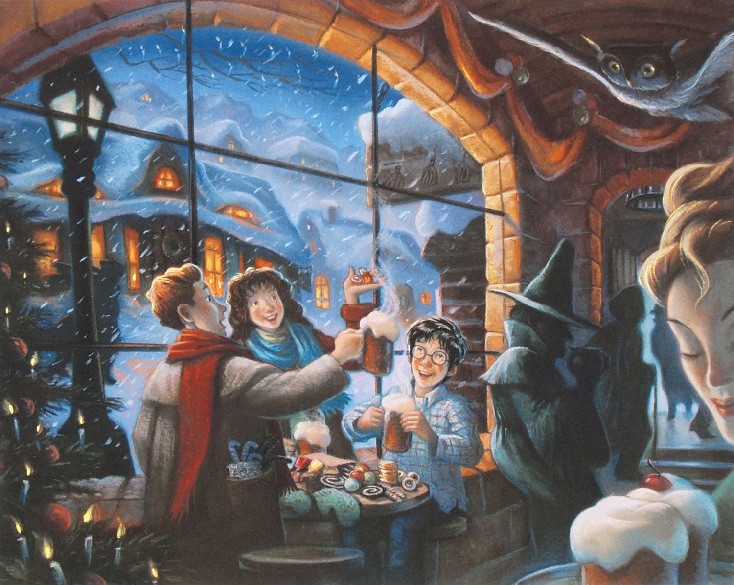 Harry Potter and his friends enjoying a glass of butter beer at the three broomsticks, on a cold winter evening.