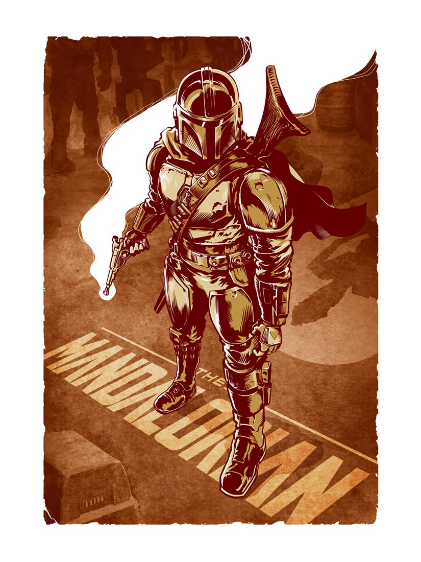 Mando featured in a sepia tone colored poster style.