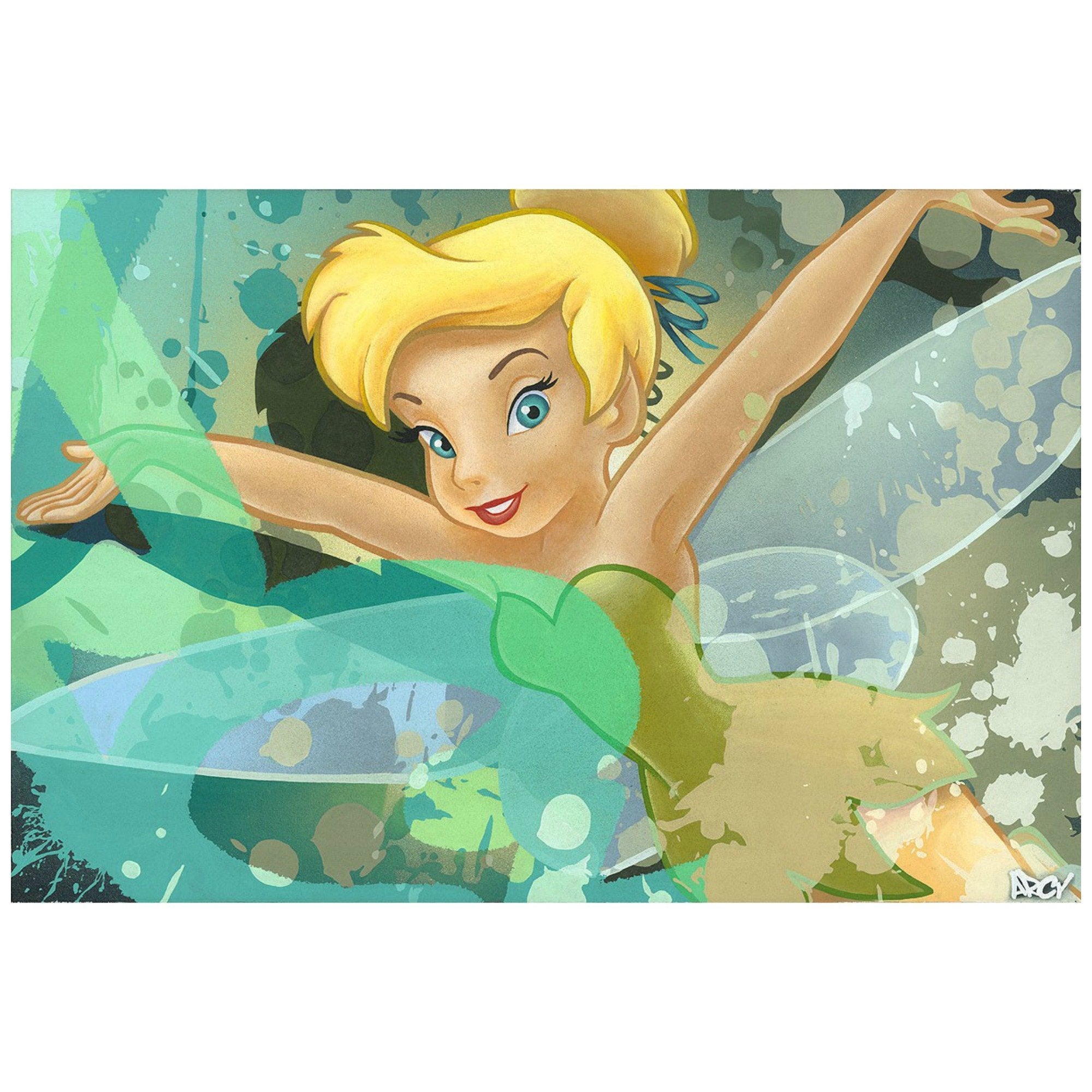 Tinker Bell flying through a painted splash of a colored background.