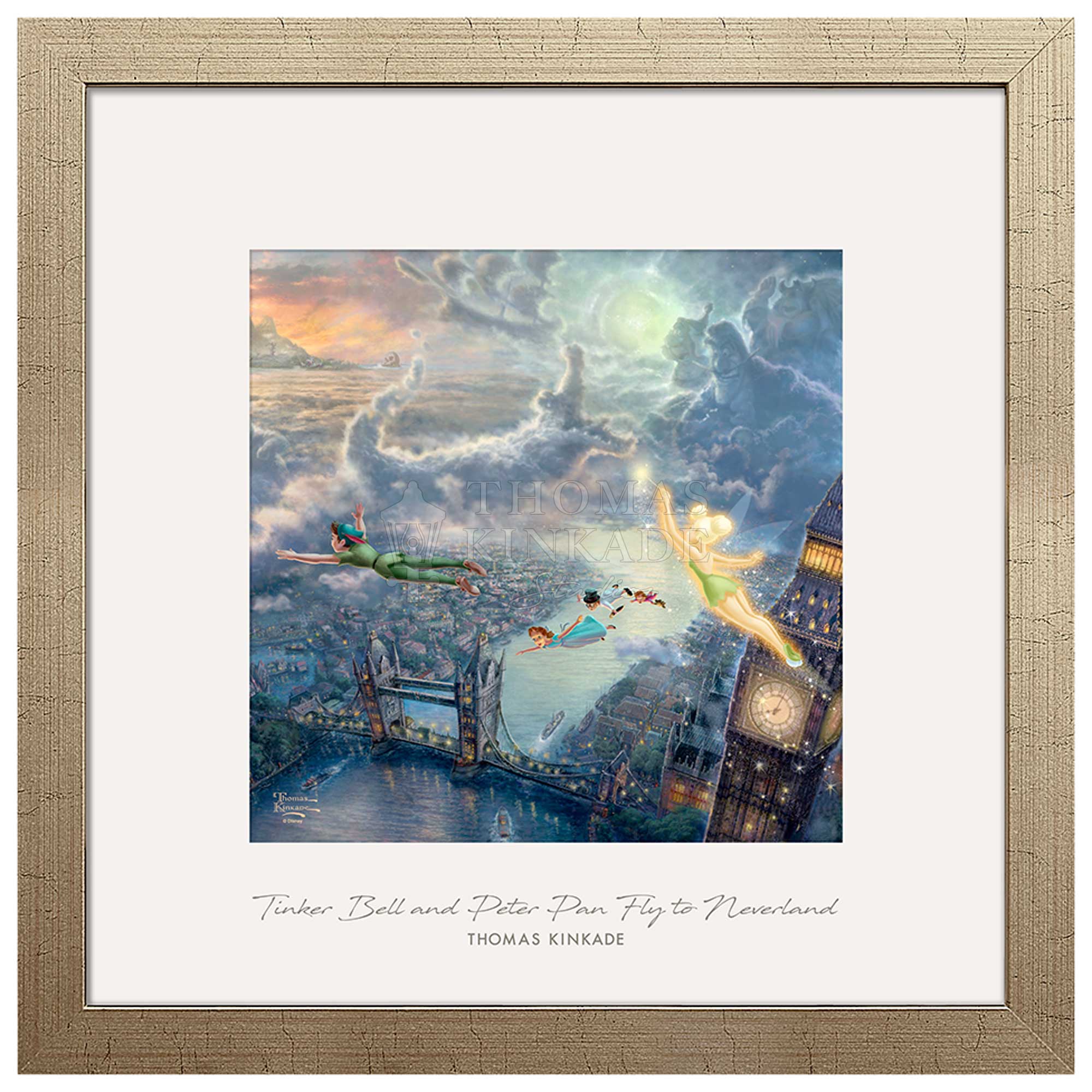 Tinker Bell, Peter Pan along with Wendy, Michael, and John fly over the London Bridge.