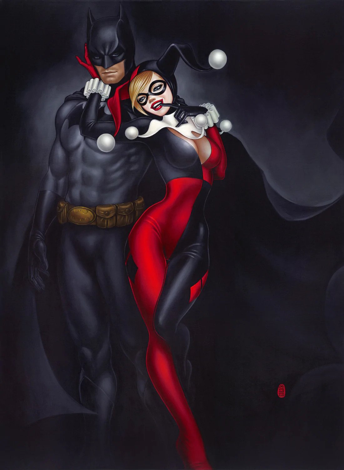 To Tease A Bat by Mimi Yoon Featuring Batman alongside Harley.