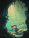 Ariel surrounded by the ocean treasures in the trove with Sebastian and  Flounder 