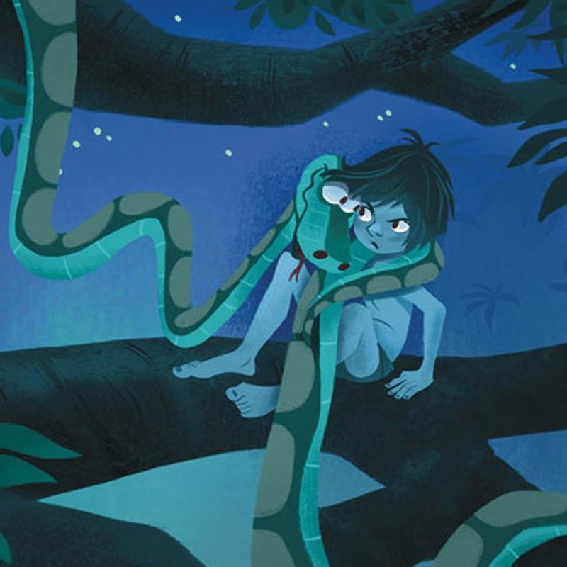 Trust Me by Daniel Arriaga.  Mowgli encounters Kaa a python who wraps herself around Mowgli shoulders -closeup.