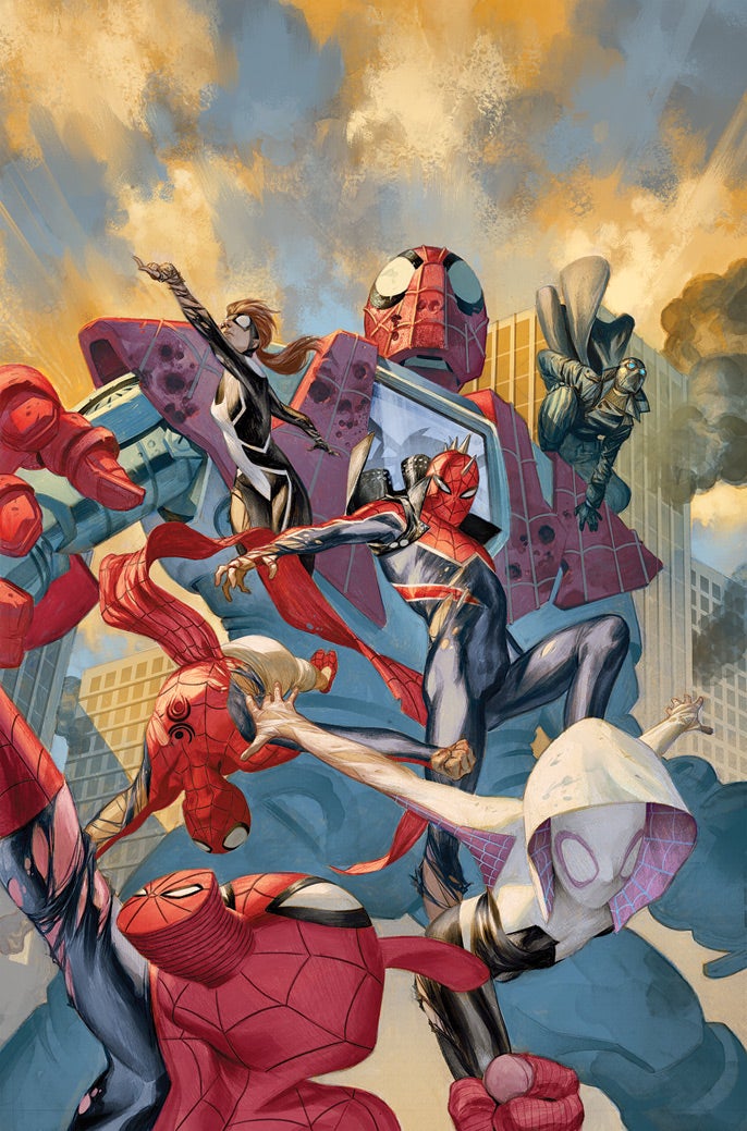 Comic cover art: Spider-Man surrounded by the Spider-Warriors.