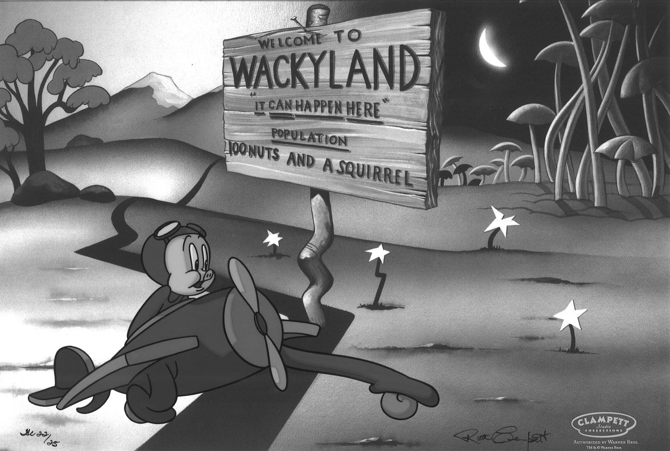In this image, Porky has reached darkest Africa, where with an agility by both himself and his plane, he tiptoes himself over to a world of alternate dimension, in his quest to capture the ever elusive last of the Do-Do birds.