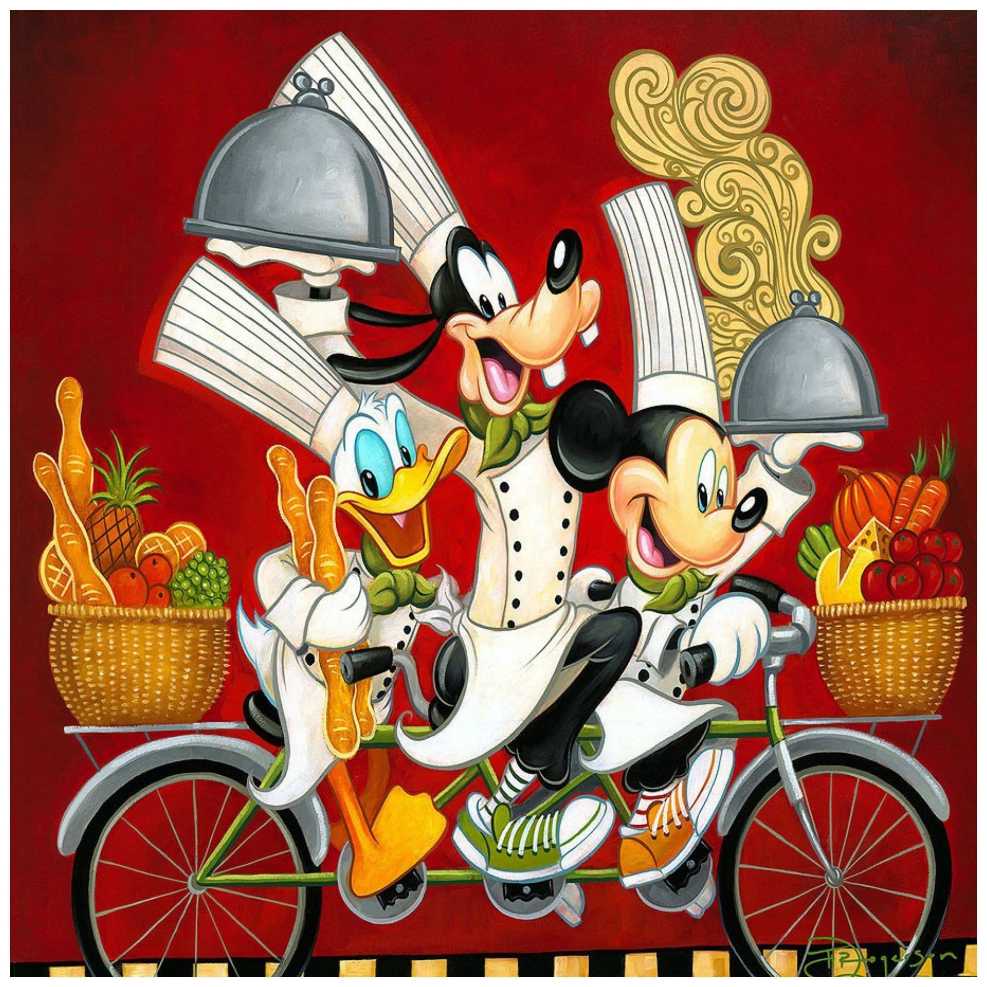 Wheeling with Flavor by Tim Rogerson  Chefs Mickey, Donald and Goofy in a joy ride on tandem bicyle are out sharing the flavors of the dishes they have prepared - Closeup