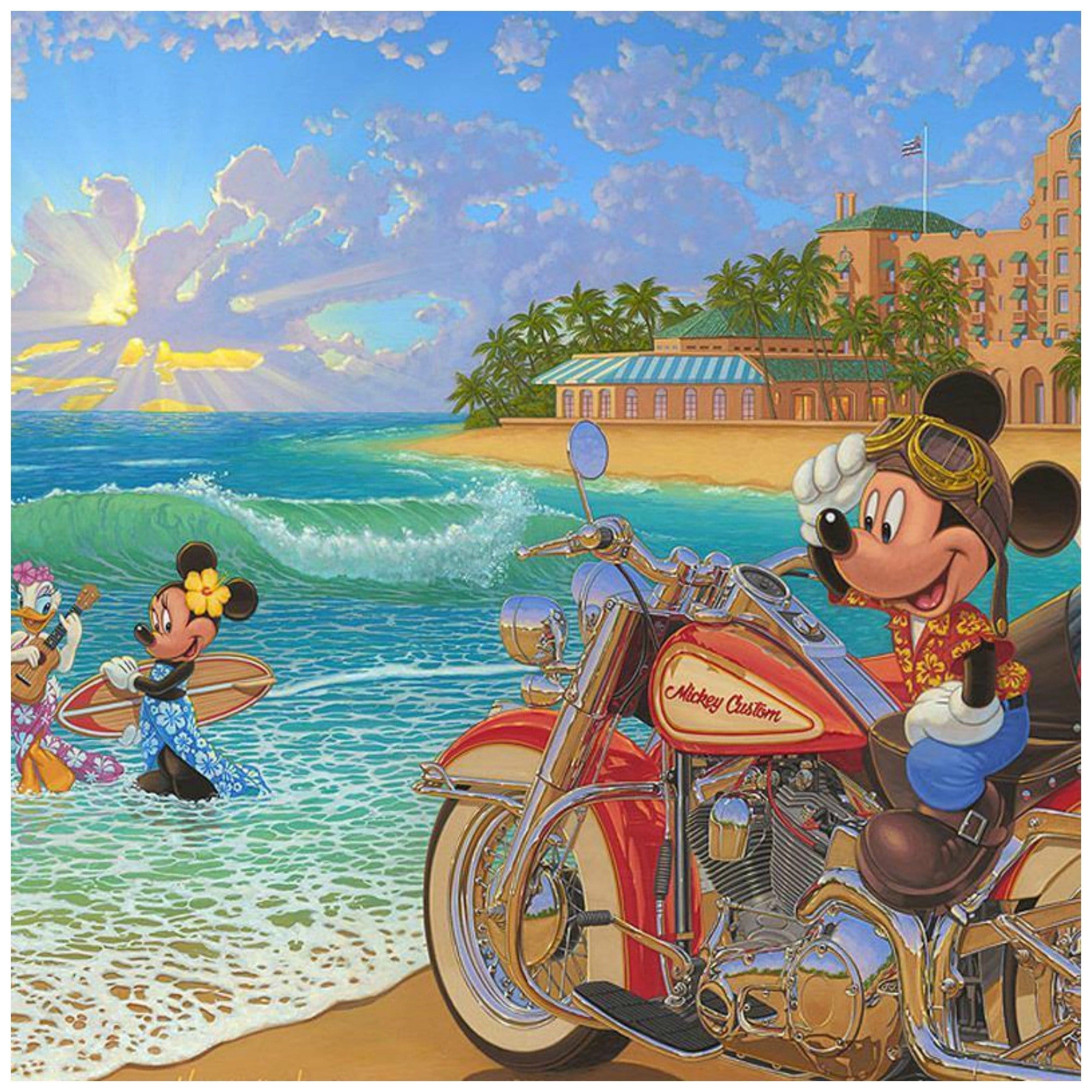 Where the Road Meets the Sea by Manuel Hernandez. Stitch sports a red floral hawaiian shirt with a guitar in hand - closeup