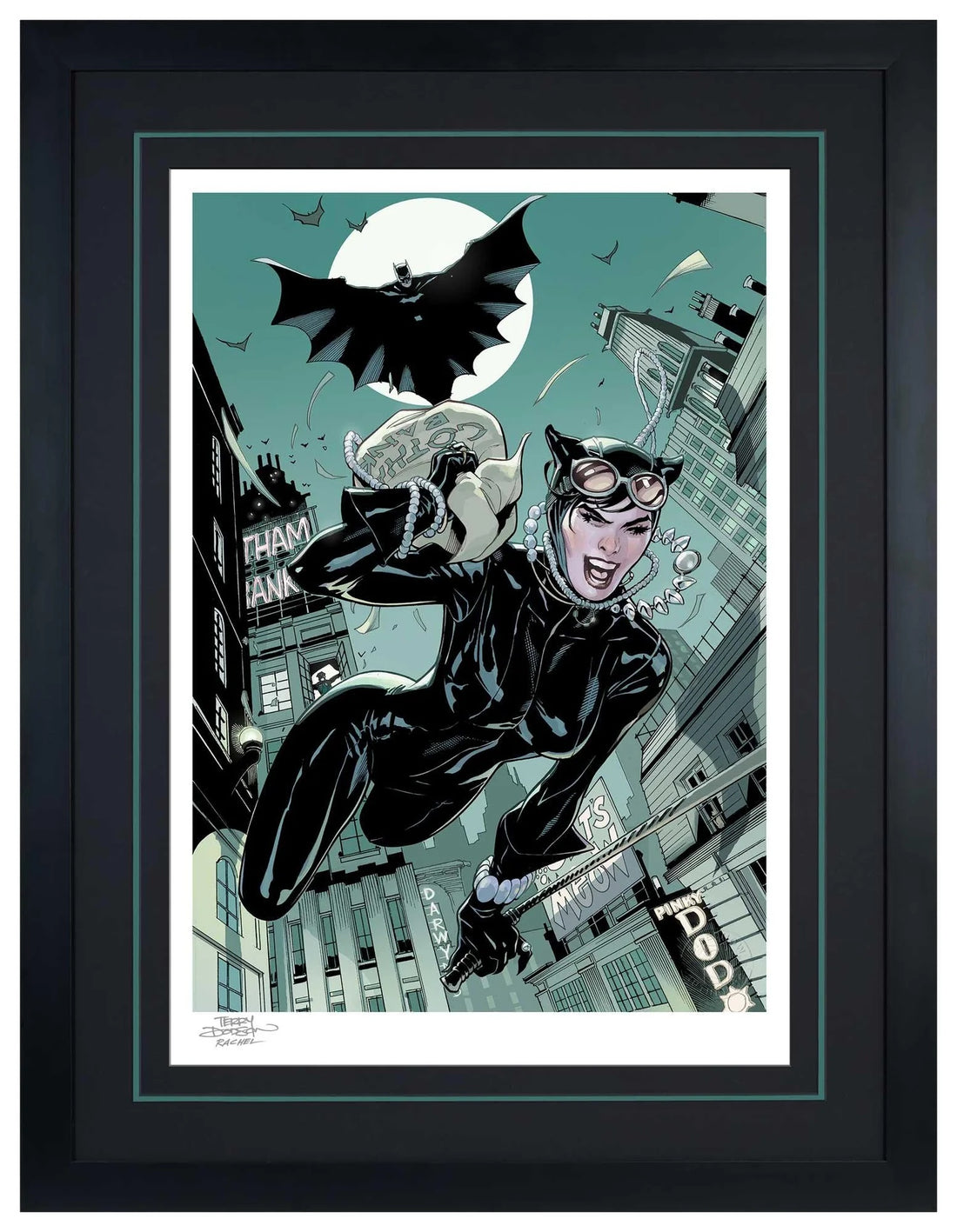 Batman chases down Catwoman. 