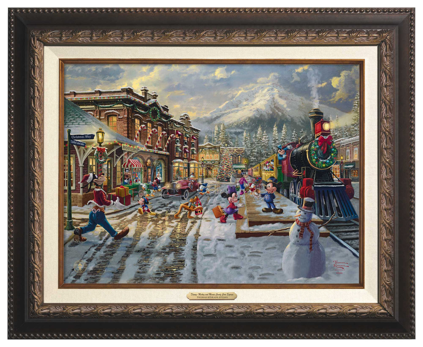All aboard! Mickey and friends are loading up onto the Candy Cane Express. Aged Bronze Frame