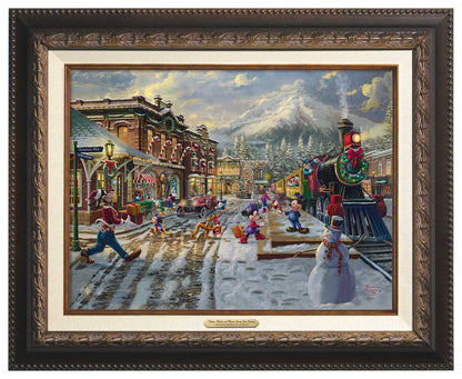 All aboard! Mickey and friends are loading up onto the Candy Cane Express. Aged Bronze Frame