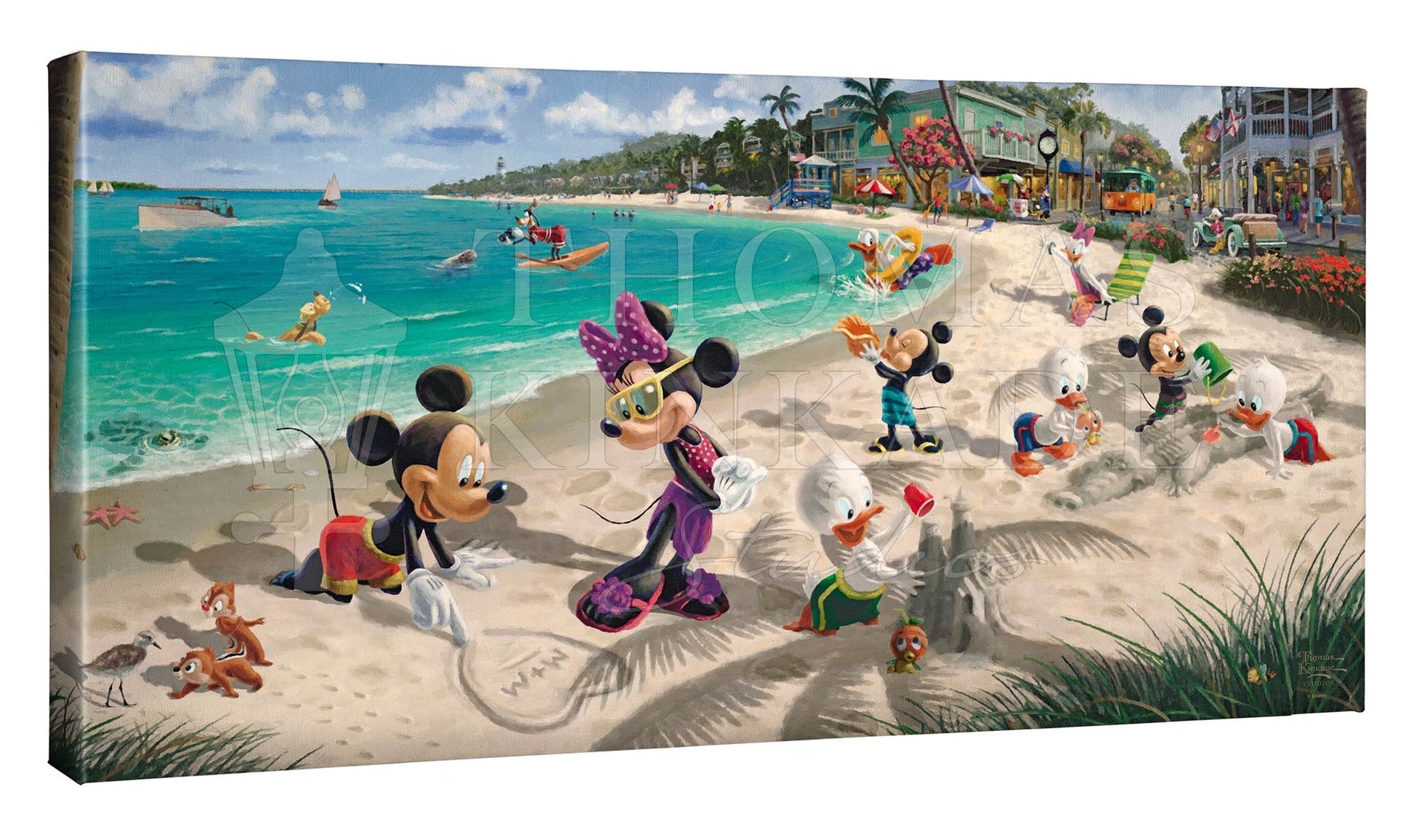 In this scene, Mickey Mouse and Minnie Mouse enjoy a warm afternoon on a sandy Key West beach with family and friends.