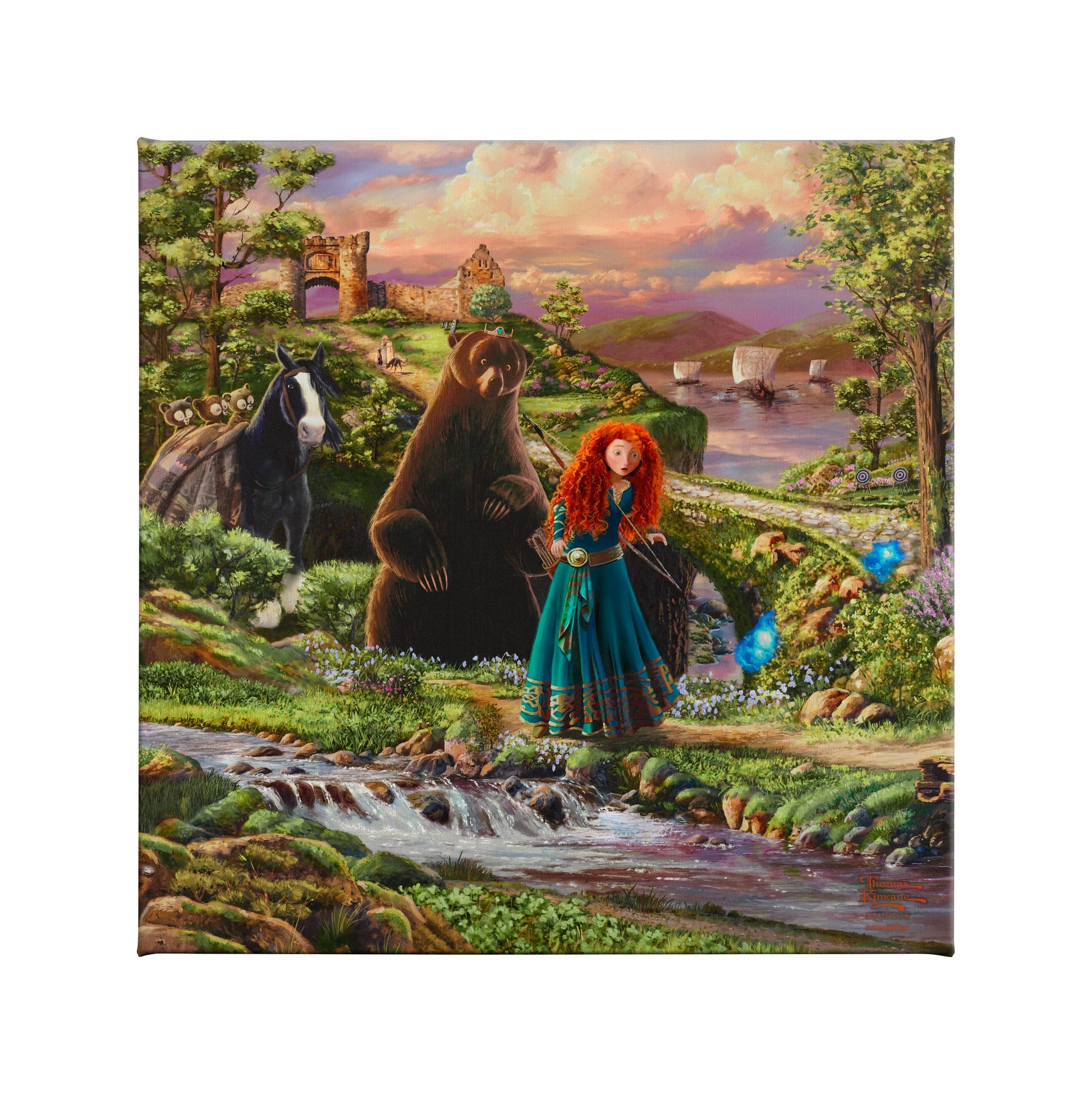 Merida is followed by her mother Queen Elinor who has been turned into a brown furry bear.