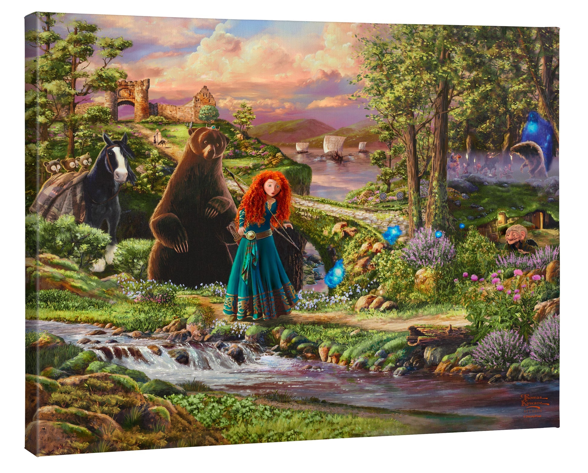 Merida is followed by her mother Queen Elinor who has been turned into a brown furry bear.