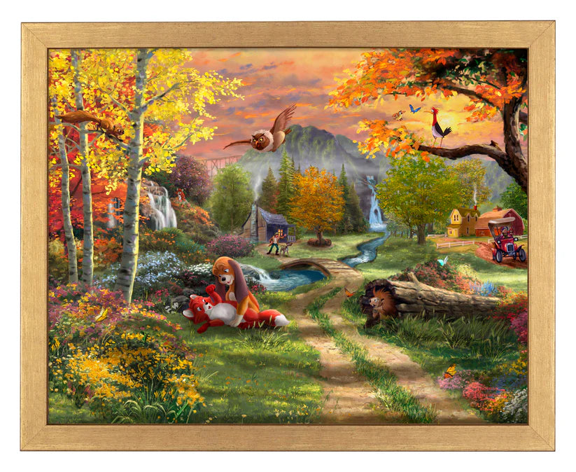 Set in a peaceful valley surrounded by nature’s quiet beauty, this heartwarming scene captures the early days of friendship between Tod, a curious young fox, and Copper, an eager hound puppy. Brushed Gold Frame