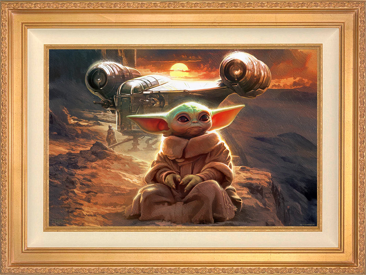 Antique gold-framed artwork of a baby character with a spaceship in the background