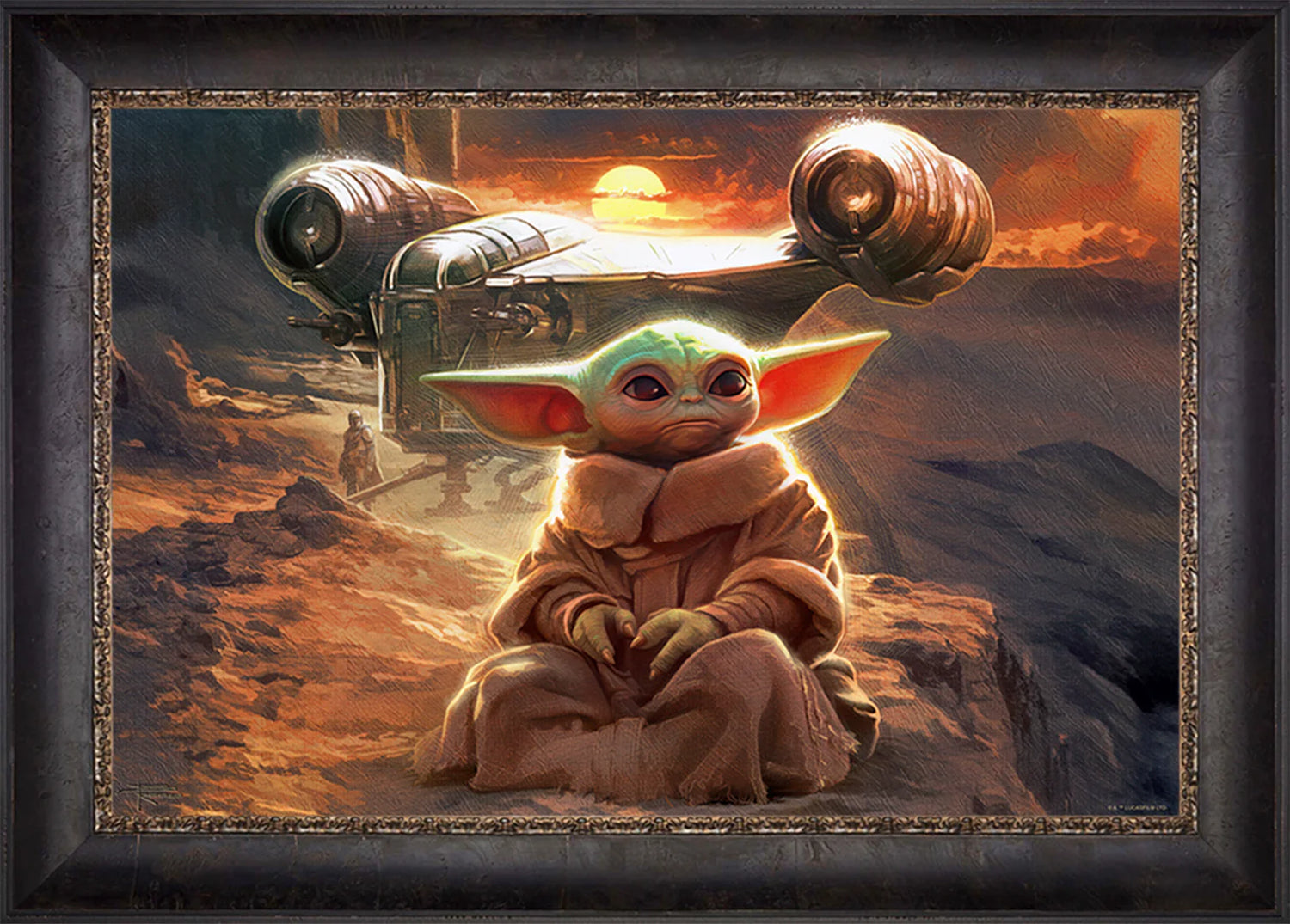 Cabernet Framed artwork of a character in a desert landscape with a spaceship in the background