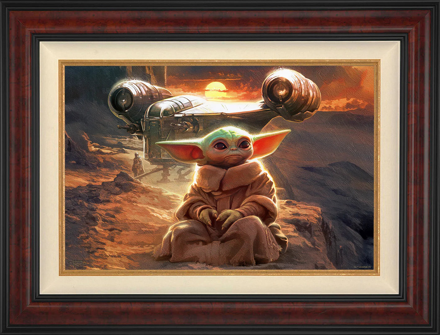 Gallery Burl Framed artwork of a character in a desert setting with a spaceship in the background