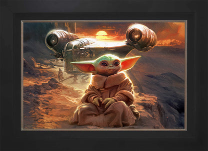 Modern Black frame - Illustration of a character in a desert setting with a large spacecraft in the background.