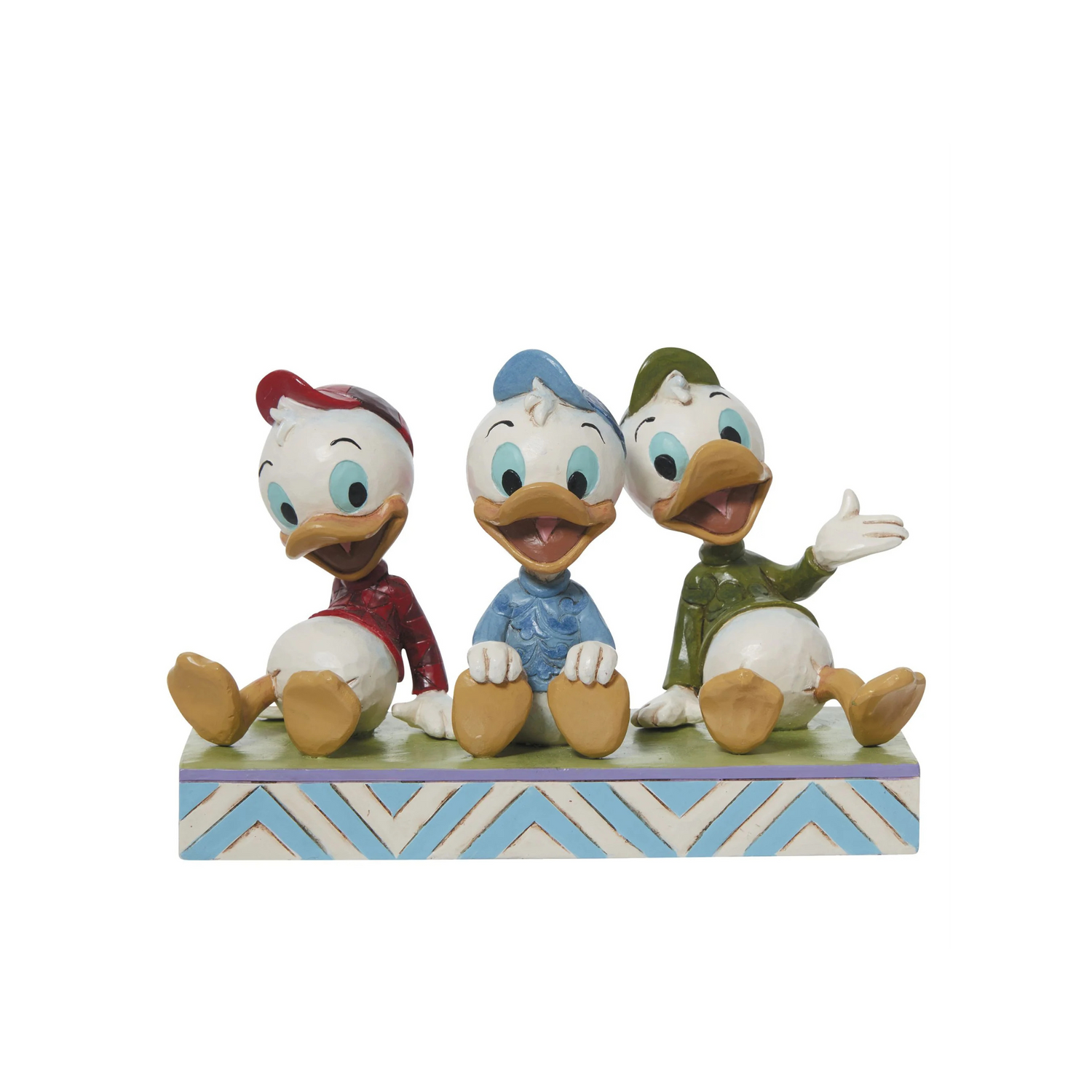  Huey, Dewey, and Louie! Dressed in signature red, green, and blue outfits. Front View