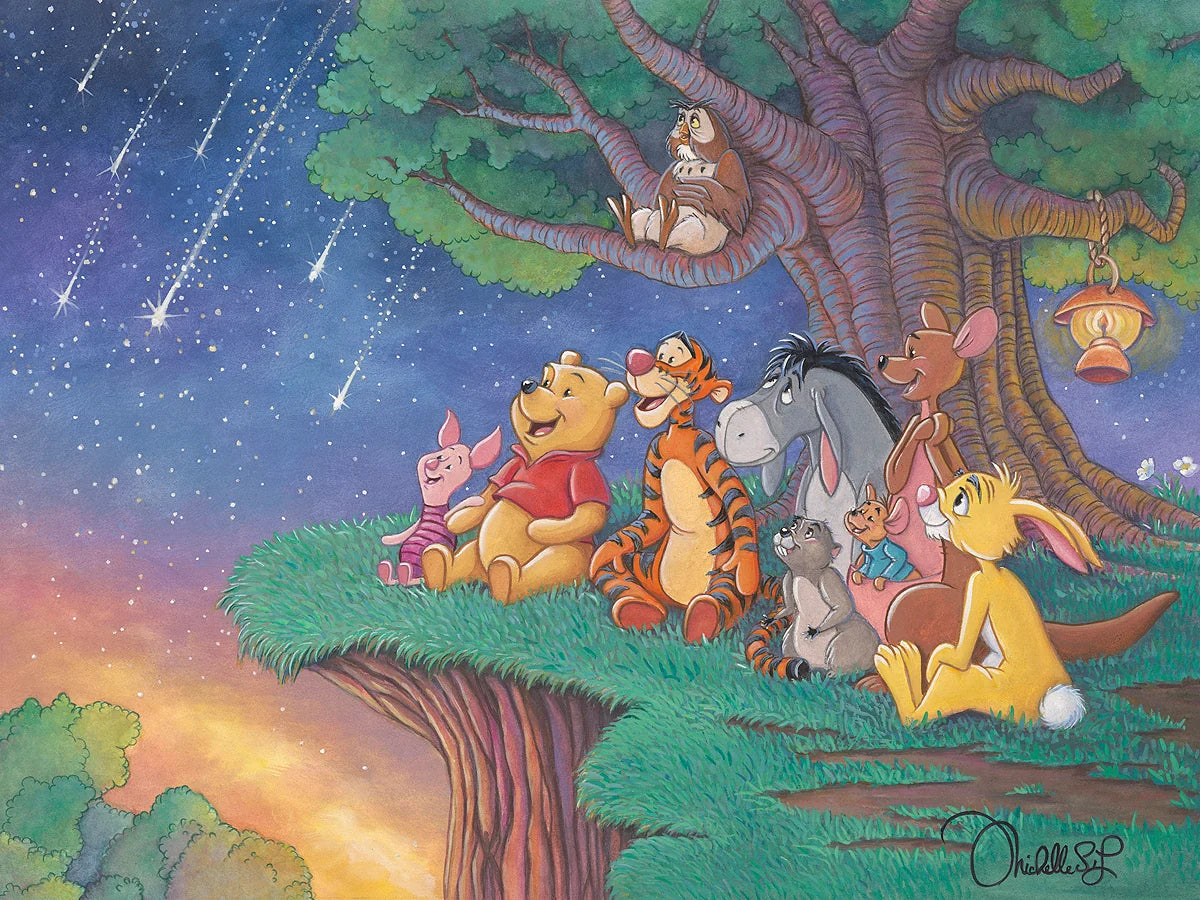 A colorful cartoon illustration of Winnie the Pooh and his friends sitting under a large tree at night, with shooting stars in the sky and a glowing lantern hanging from the tree branch.
