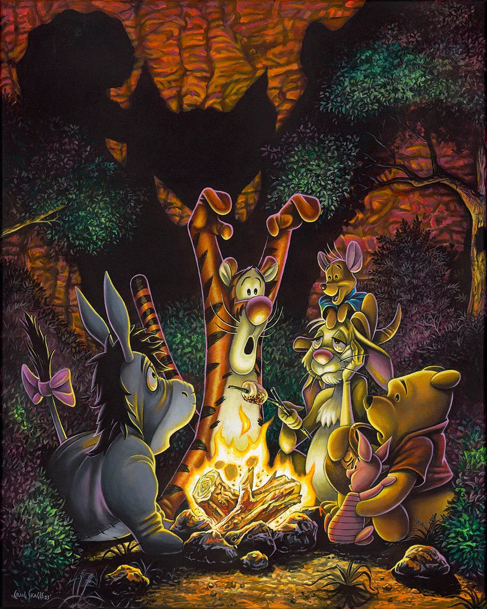 Winnie the Pooh and his pals - Tigger, Piglet, Eeyore, and Rabbit telling stories around the campfire. 