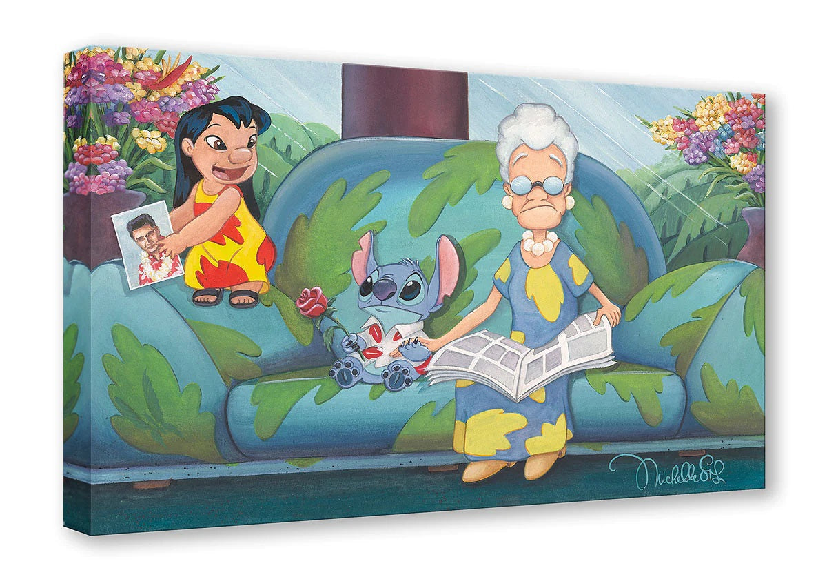 Lilo and Stitch spending time with an elderly lady - Gallery Wrapped Canvas