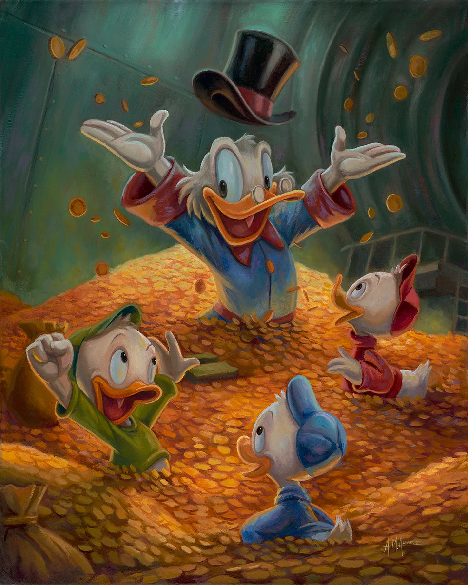  Scene of Scrooge McDuck surrounded by gold coins, with several ducklings and a gold miner looking up at him. 