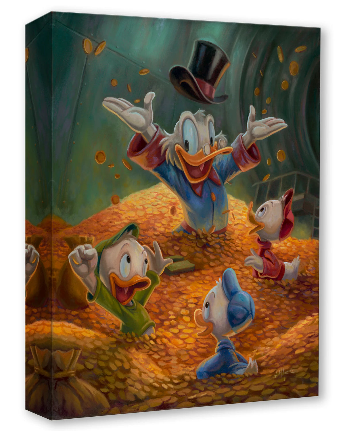  Scene of Scrooge McDuck surrounded by gold coins, with several ducklings and a gold miner looking up at him. 