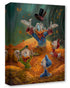  Scene of Scrooge McDuck surrounded by gold coins, with several ducklings and a gold miner looking up at him. 