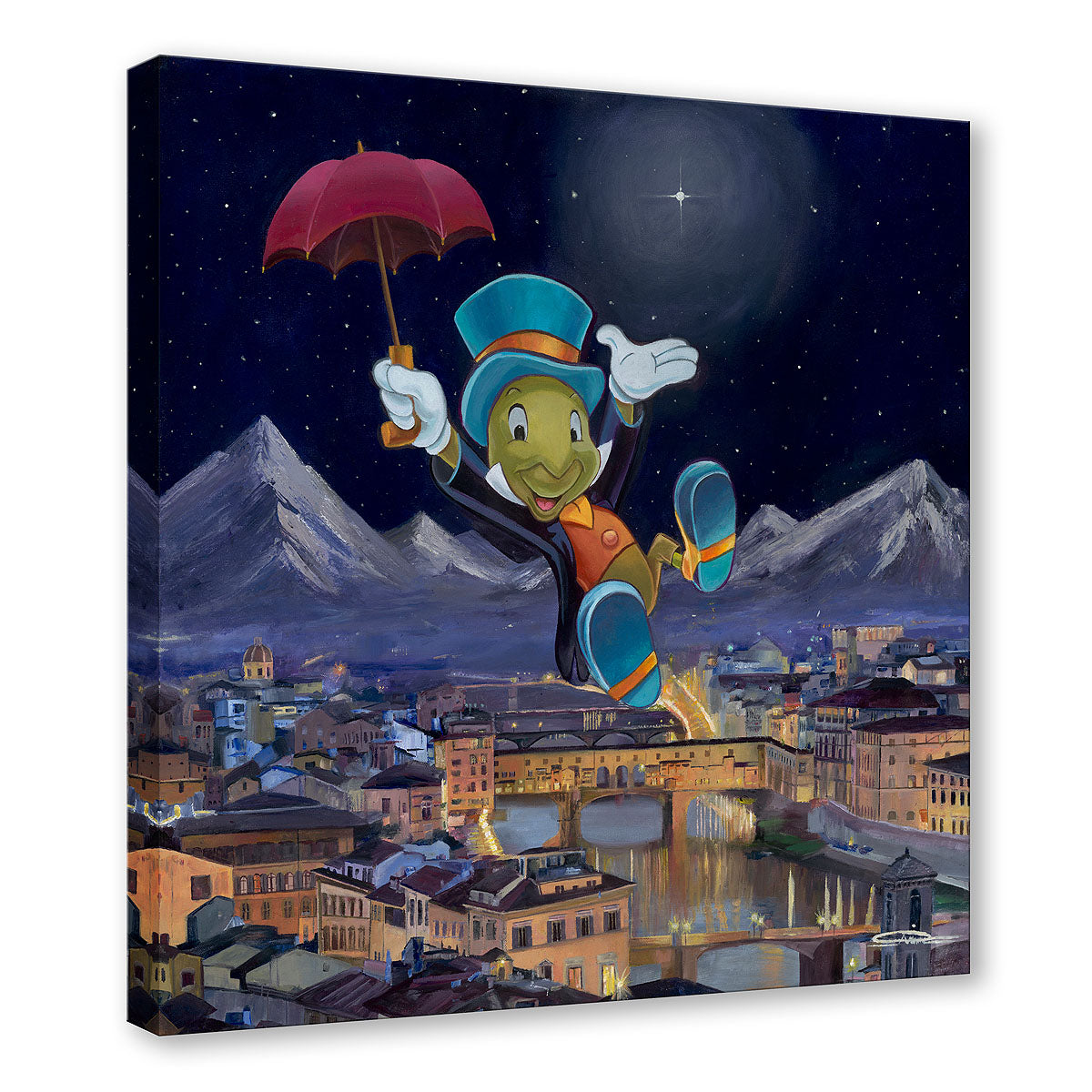 Jiminy Cricket holds on to his red umbrella.  Artwork inspired by Walt Disney&