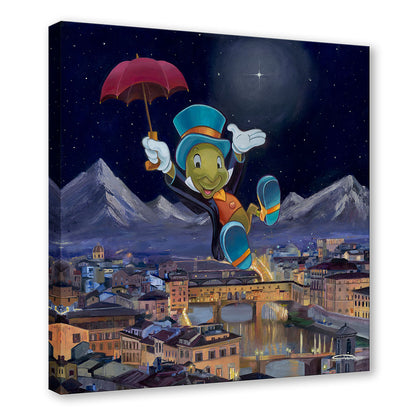 Jiminy Cricket holds on to his red umbrella.  Artwork inspired by Walt Disney&