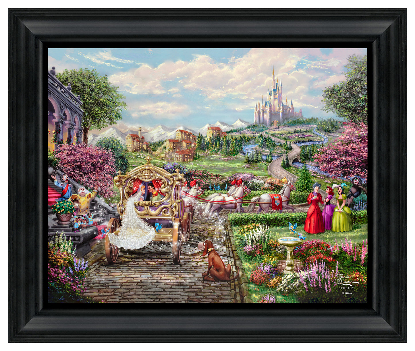 Features Cinderella and Prince Charming together in the mix of all the storyline characters in the background.