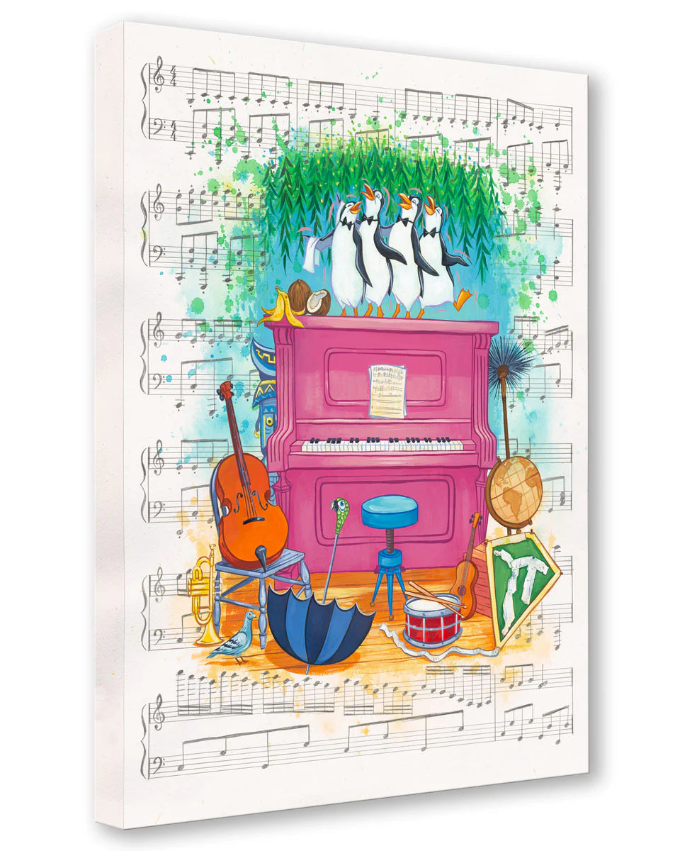 Colorful illustration of penguins on a pink piano with musical notes and instruments.